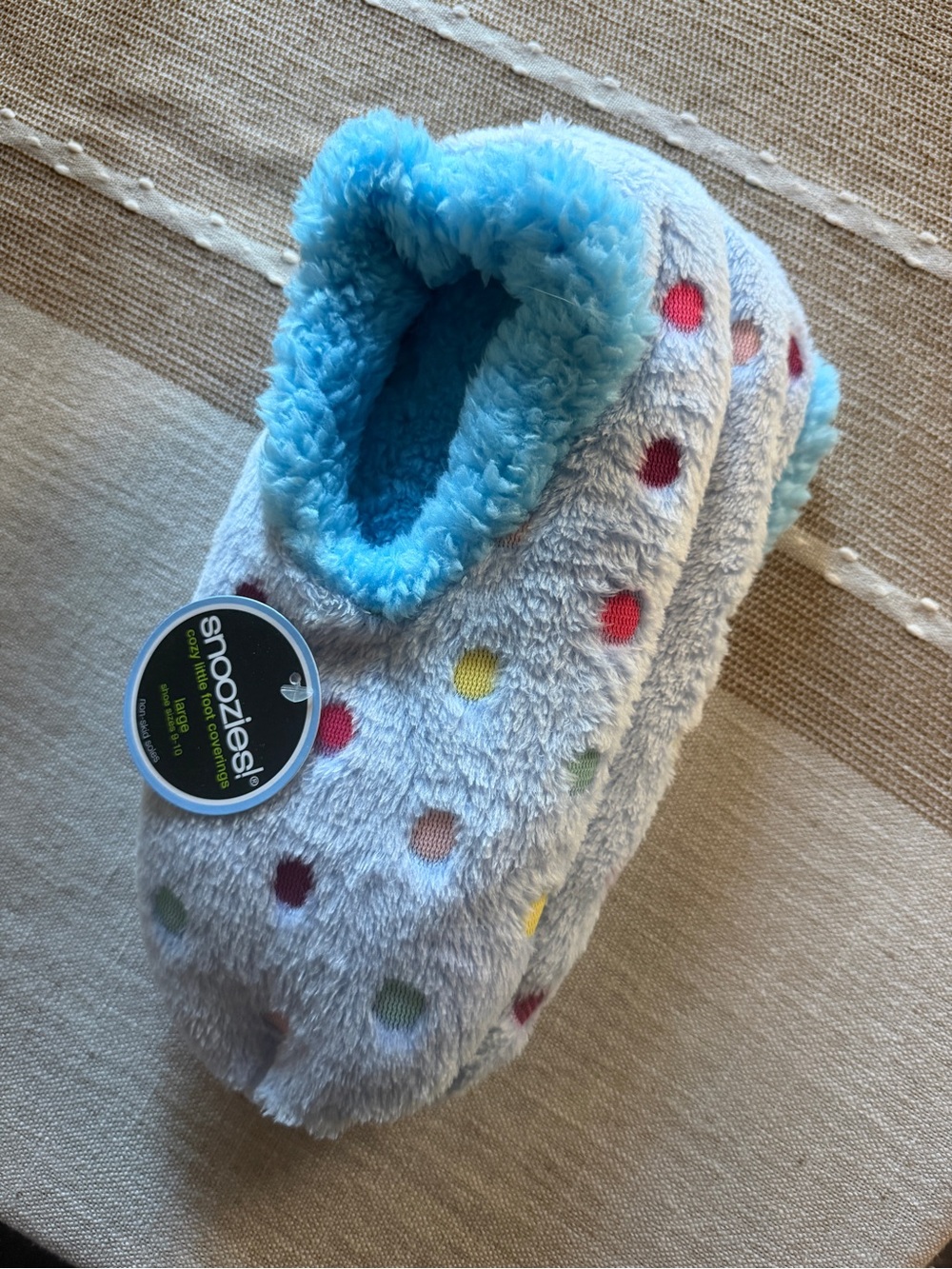 Women’s Light Blue Plush Footie with Blue Lining and Colorful Dots